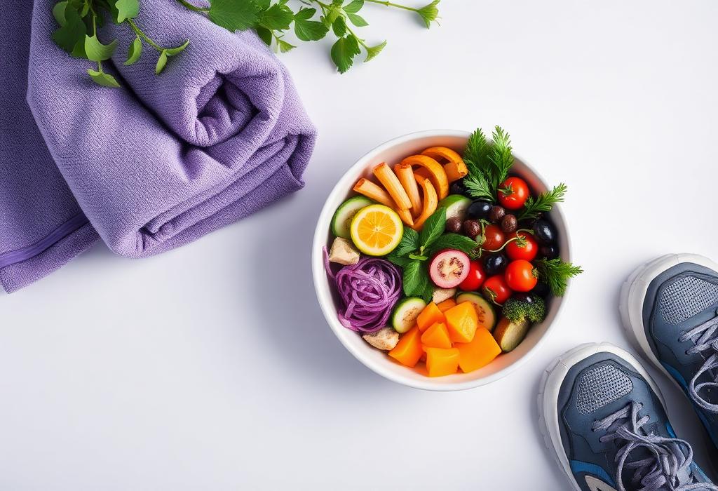 Gesunde Mahlzeit, Saunatuch und Sportschuhe als Symbol für die Alltagsroutine